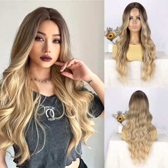 KAMA U-Part Lace Front Long Wigs For Women Middle Part Wavy Curly Wig With Dark Roots Synthetic Heat Resistant Fiber Wig For Daily Party Use (Blonde Ombre)