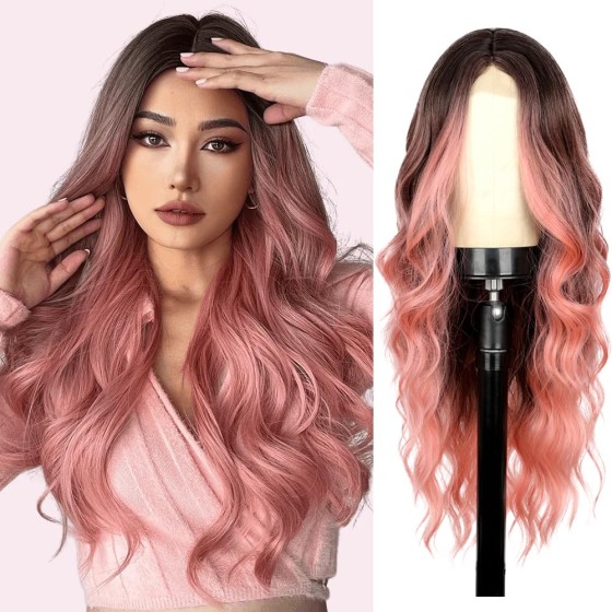 KAMA U-Part Lace Front Long Wigs For Women Middle Part Wavy Curly Wig With Dark Roots Synthetic Heat Resistant Fiber Wig For Daily Party Use (Ombre Pink Balayage)